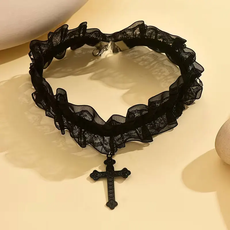 Sweet and Cool Dark-Themed Cross Pendant Lace Elastic Necklace, Suitable for Women's Daily Party Wear