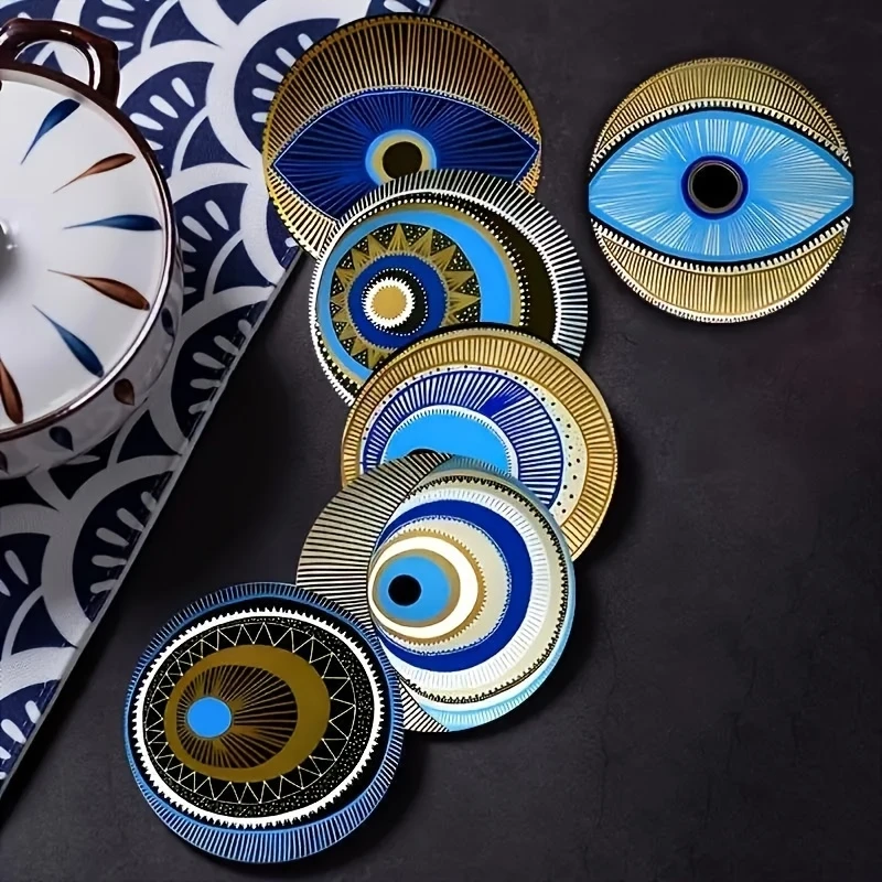 6 PCS 2D 4in Wooden Coasters Devil's Eye Pattern Theme Desktop Insulation Mats Home Decor Coffee Mug Coasters Housewarming Gift