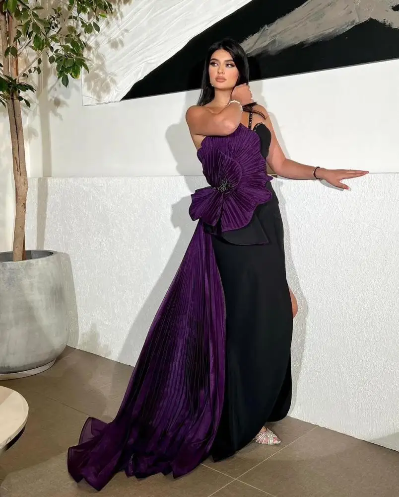

Jirocum Luxury Purple Black Pleated Evening Dresses One-Shoulder Floral Applique with Draped Train for Gala & Prom Gowns