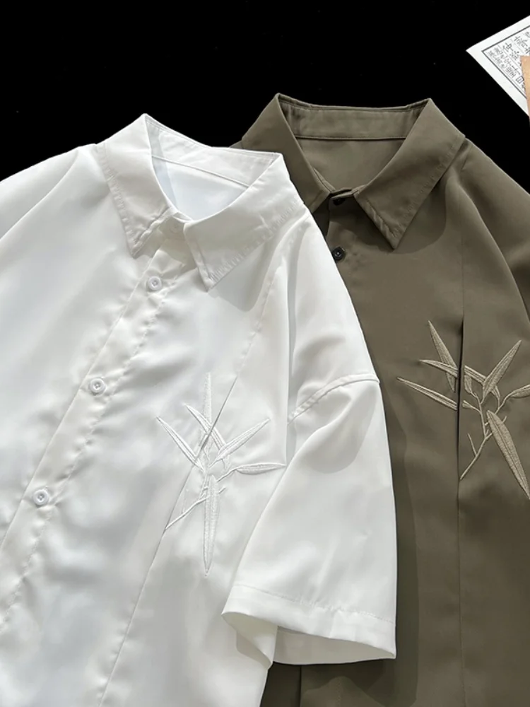 

New Chinese Sle Men's irt Summer Thin Ice Silk ort Sve Embroidered Bamboo Upper Youth Faion Loose Fit Casual irt