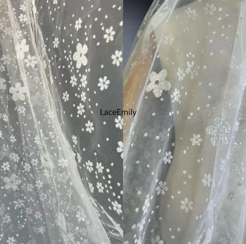 Glitter Flower Lace Fabric Floral soft Mesh Tulle Fabric For Bridal Veil , Tutu Dress, Gowns, Wedding Dress, Home Decoration