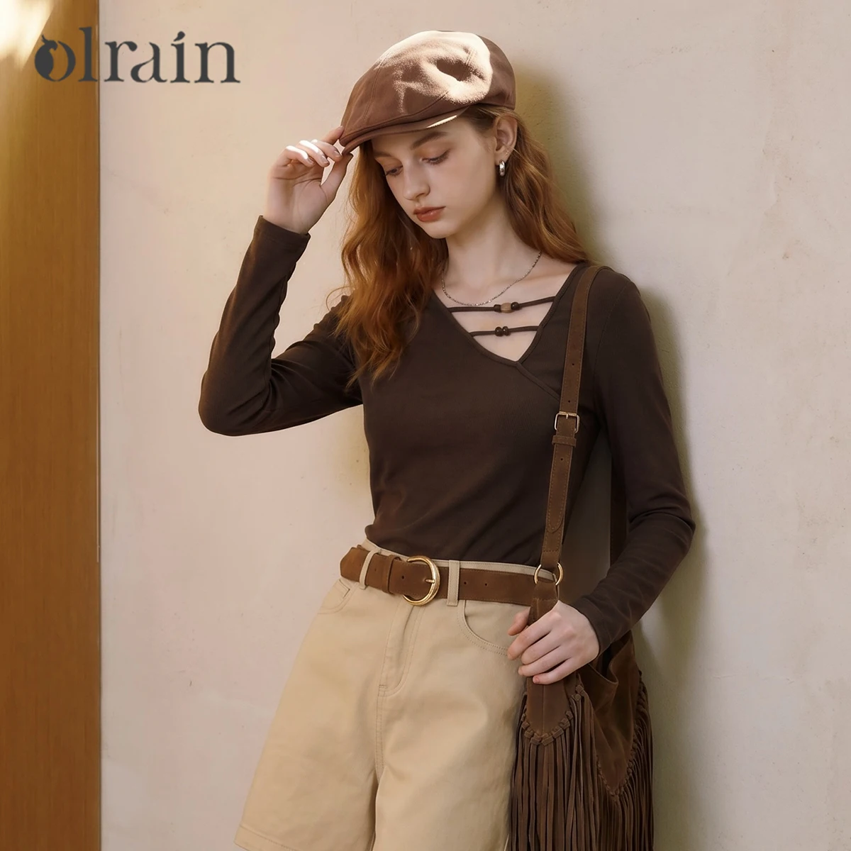 OLrain Women's Long Sleeve Top Mocha Brown Asymmetrical Neckline 2026 Autumn Winter Daily Commuter Soft Knit Blouse O58QT008608