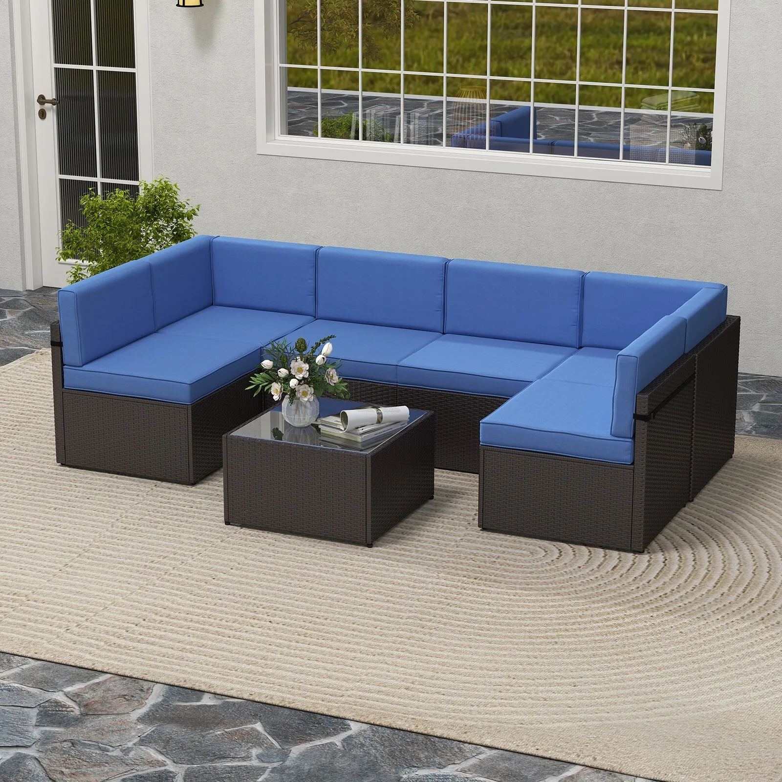 

7Pcs Outdoor Patio Furniture Sets PE Wicker Sectional Sofa Set, Brown/Dark Blue