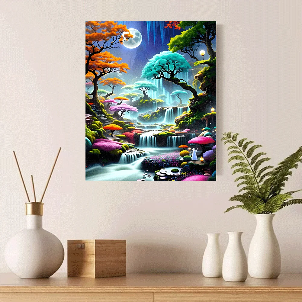 1PC-Canvas poster Unframed  Fantasy Forest Waterfall Moonlight Landscape Art Print  summer