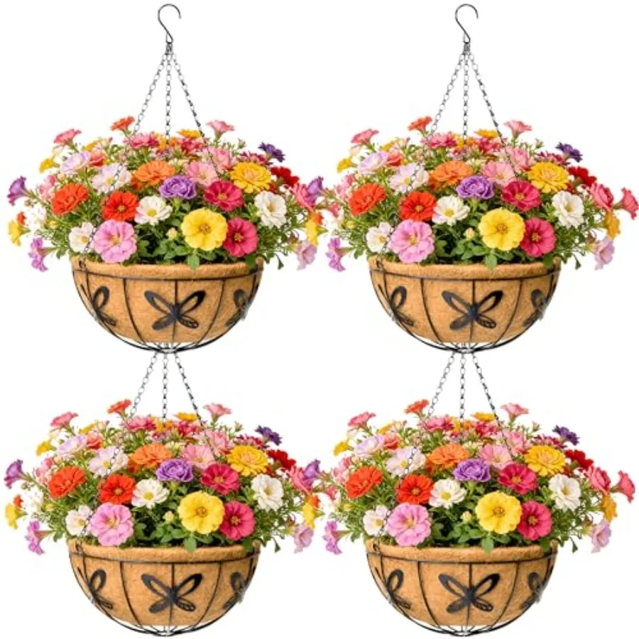

Outdoor Metal Hangg Planters Basket 4pack, Hanging Baskets for Plants Chain Round Wire Plant Holder with Coco Fiber Liners for