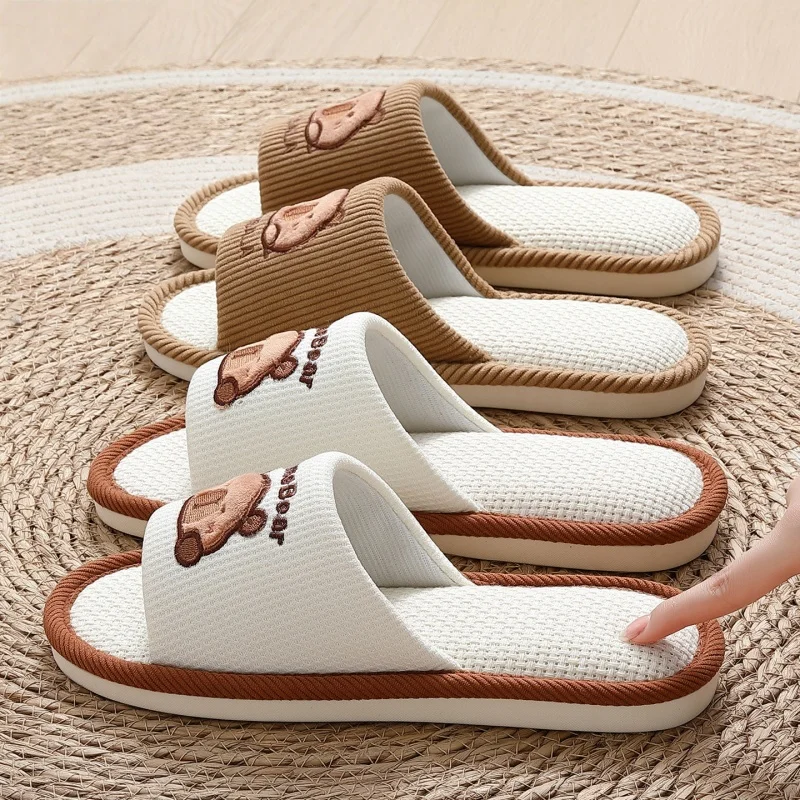 

Breathable Hemp Flat Heel Indoor Slippers Women Summer 2026 Cute Capybara Non Slip Home Slippers Couple's Cartoon Fabric Slides