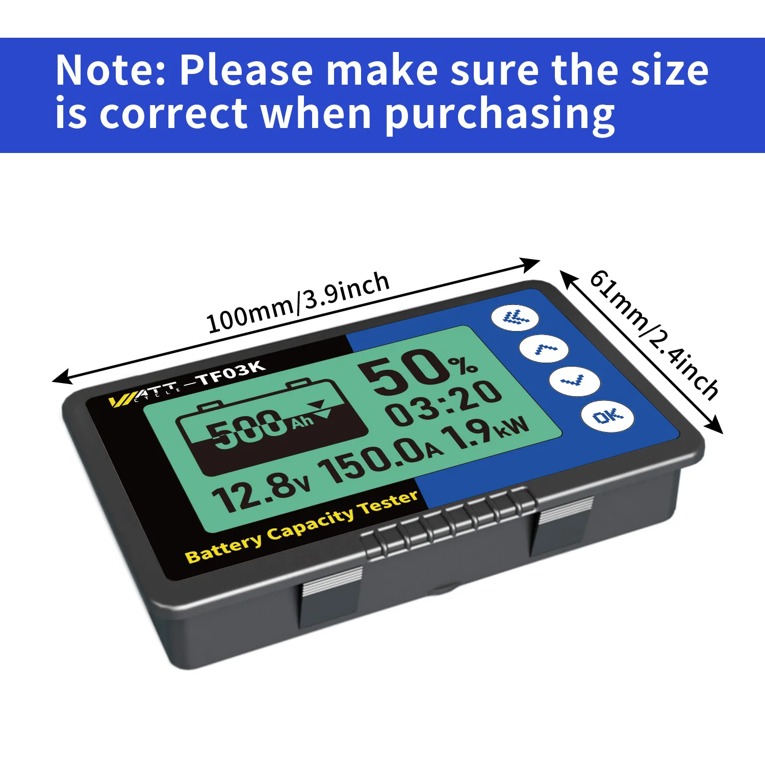 WattCycle 500A LiFePO4 Battery Monitor Accurate Measurement LCD Display For Batteries of golf carts automobiles boats, etc