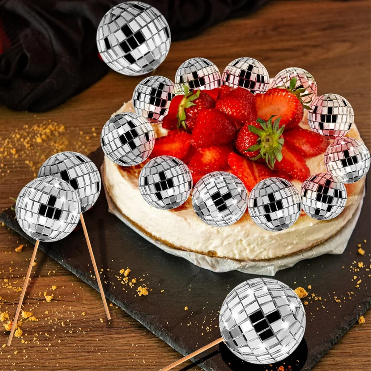 24 ชิ้น Disco Ball Cupcake Toppers Disco Ball Cupcake Picks กระจกสะท้อนแสง Ball เค้ก Toppers Disco ตกแต่ง Silver