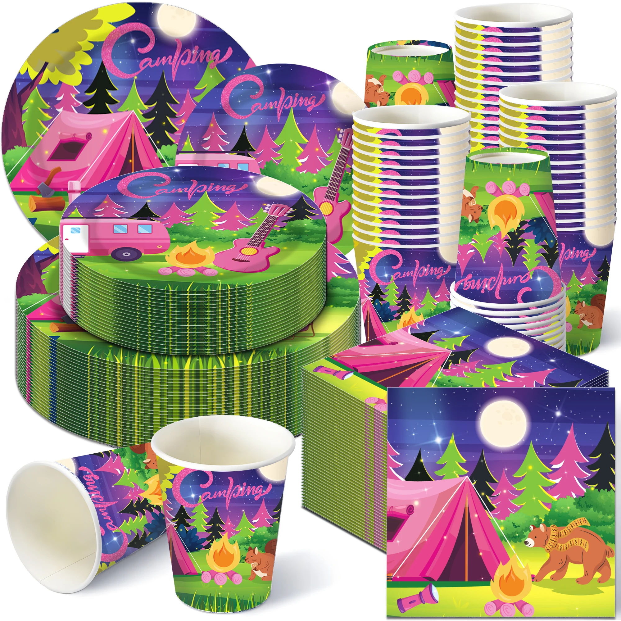 Pink Camping Disposable Party Tableware Set, Tent Campfire Paper Plates Cups Napkins for Baby Shower Birthday Party Supplies