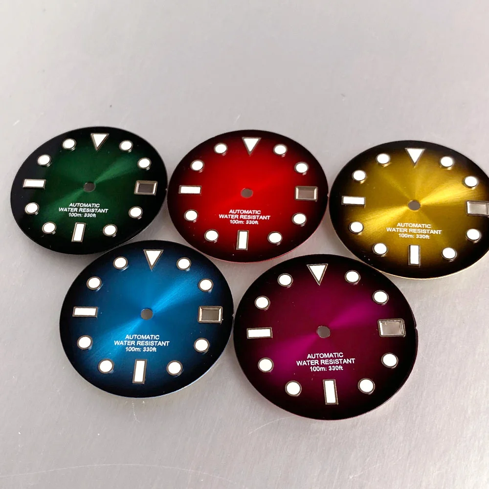 Nologo 29mm Yellow/Red/Green/Purple/Blue Gradient Sunburst Watch Dial Hands Green Lume Fit for NH35 NH36 NH70 NH72 Movement Date