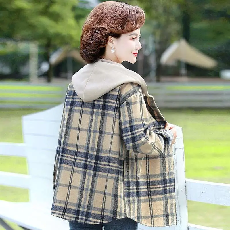 

Cleanfit Plaid Long Sve irt для женщин среднего возраста Прочный тонкий полипропиленовый материал Шляпа Воротник Дизайн Цвет Крова Узор