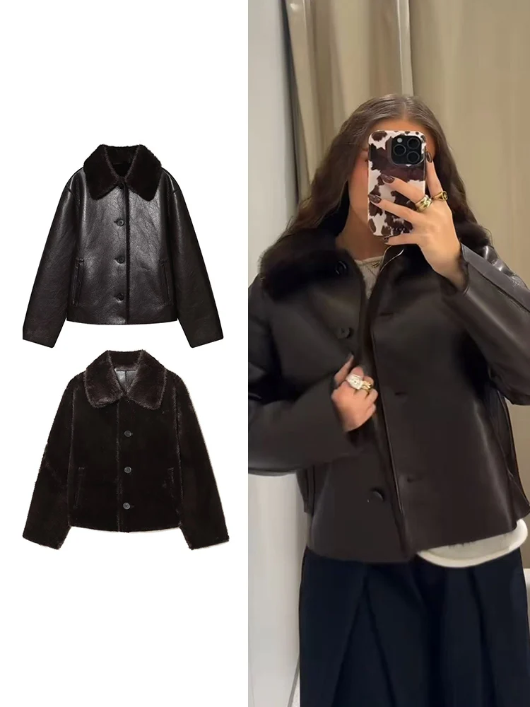 

Зимняя женская новая двусторонняя флисовая кожаная куртка, модное однобортное короткое пальто с двусторонними лацканами, верхняя одежда с карманами в стиле ретро