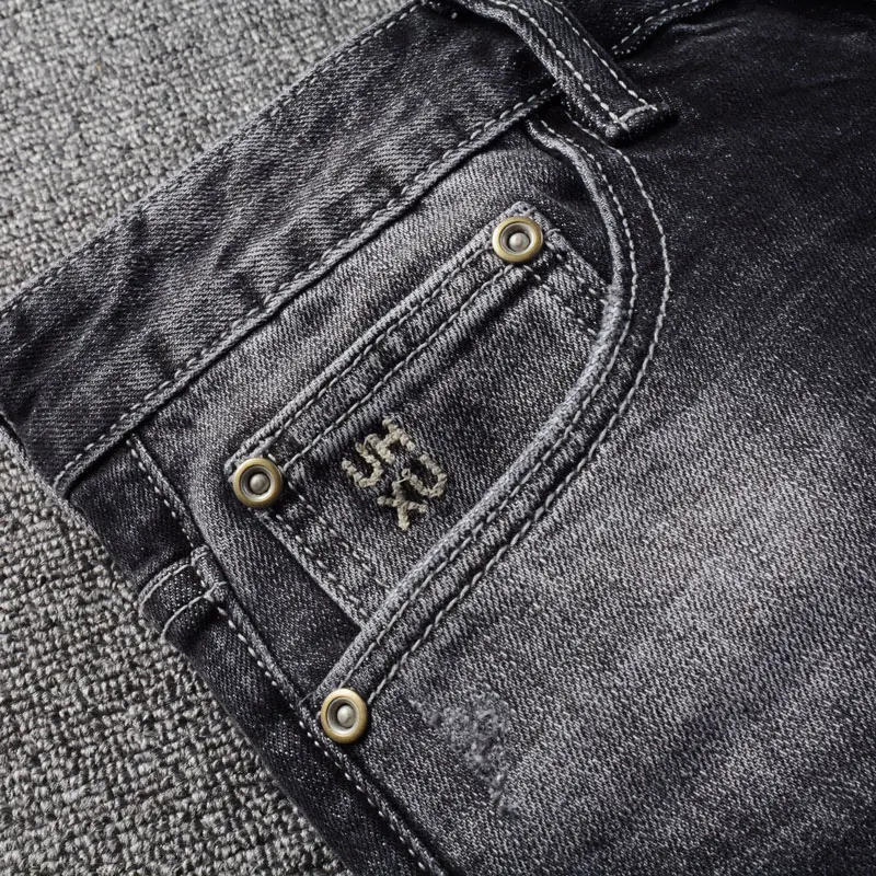 Latest Fashion Men's Jeans Vintage Black Grey Elastic Slim Fit Vintage Split Jeans Men's Patch Designer Hip Hop Jeans