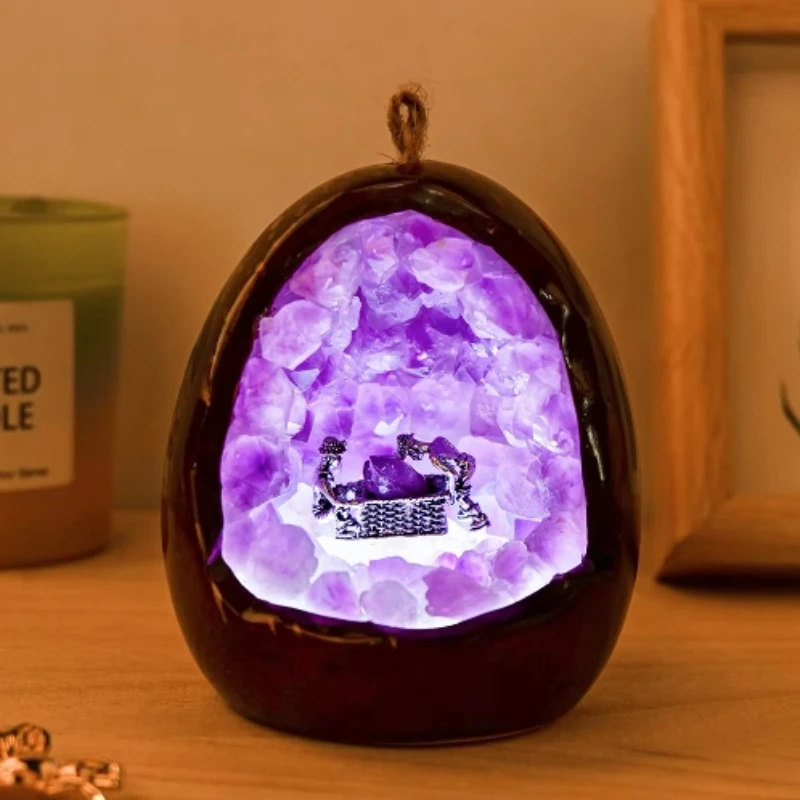 1 Piece of Natural Crystal Dinosaur Egg Shaped Earth Lamp Mini Miner Living Room Study Bedroom Bedside Home Decoration