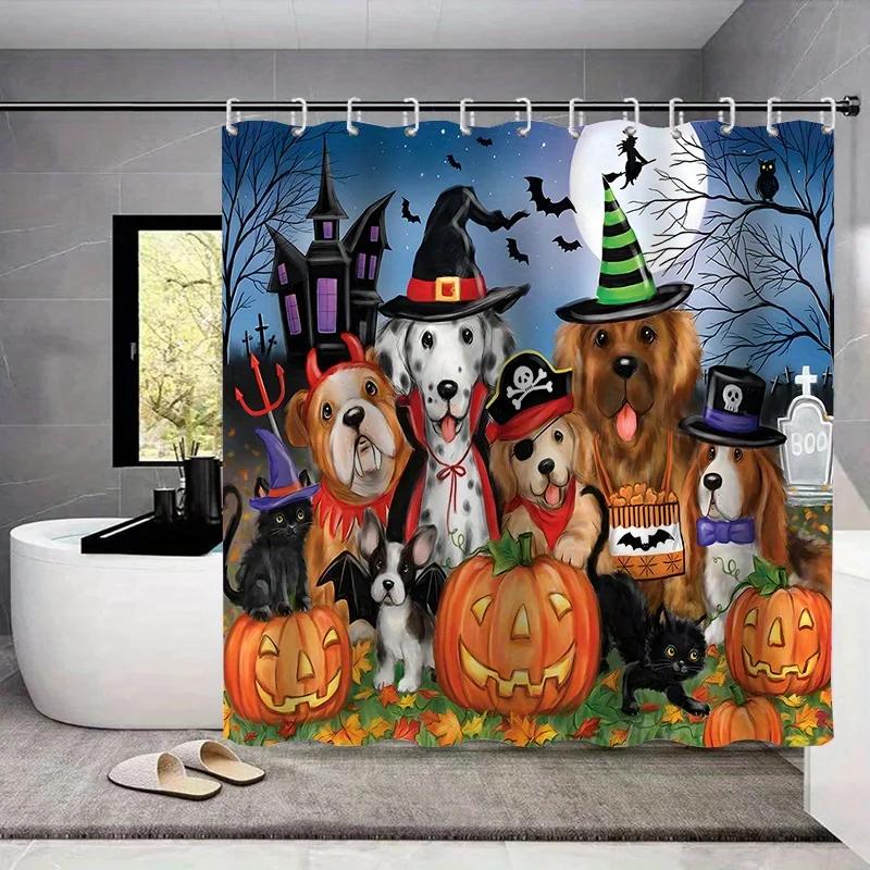 Halloween Shower Curtain Set with Hooks - Woven Polyester, Fashion-Themed Dry Clean Only Bathroom Decor, Water-Resistant Pumpkin