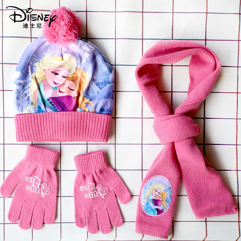 

New Autumn Winter Cute Children Anna Elsa Pink Cartoon Scarf Hat glove three-piece Warm Boy Girl Child hat