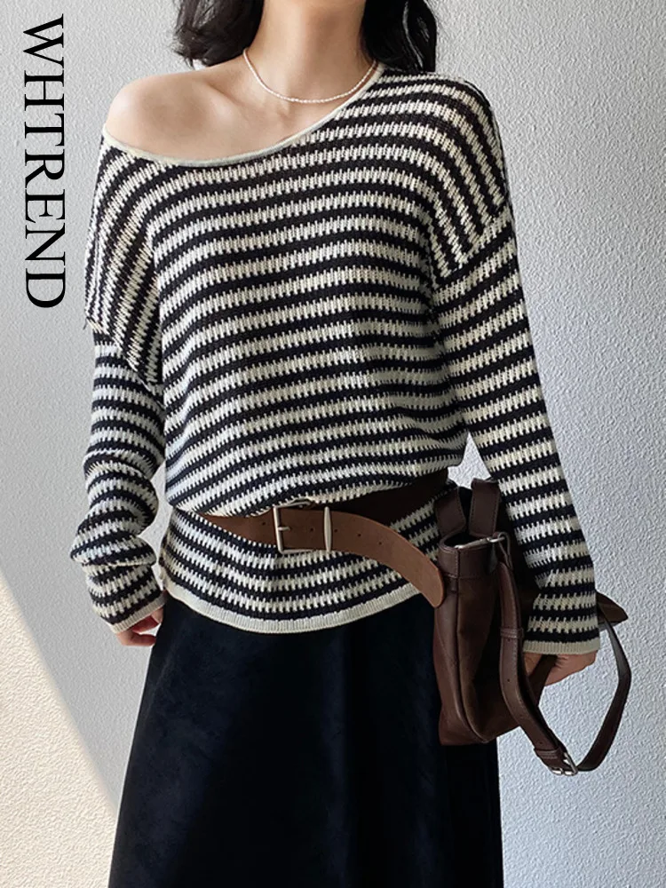 

WHTREND Korean Style Loose Round Neck Striped Color Block Long Sleeve Knitted Sweater for Women Versatile Top WH1301
