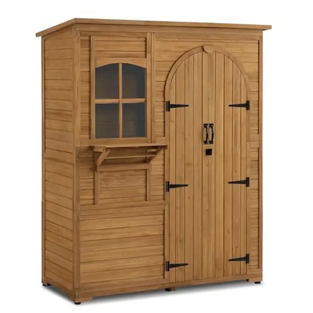 Outdoor Wooden Storage Cabinet with Waterproof Roof 3 Shelves Anti Tip Bracket Kit Foldable Table House Shaped Tall Tool Shed