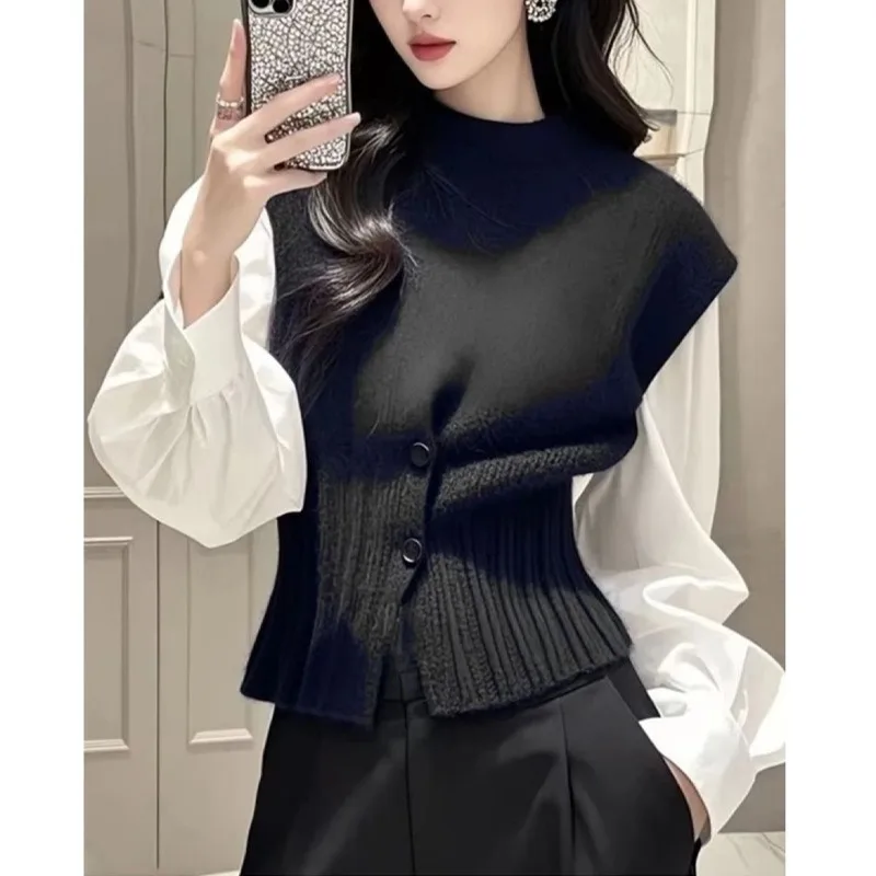 

Knitted Sweater Spliced Fake 2 Pieces Long Sleeve O Neck Lace Up Patchwork Commuting Blouse Chic 2025 Women'S Autumn/Winter Tops
