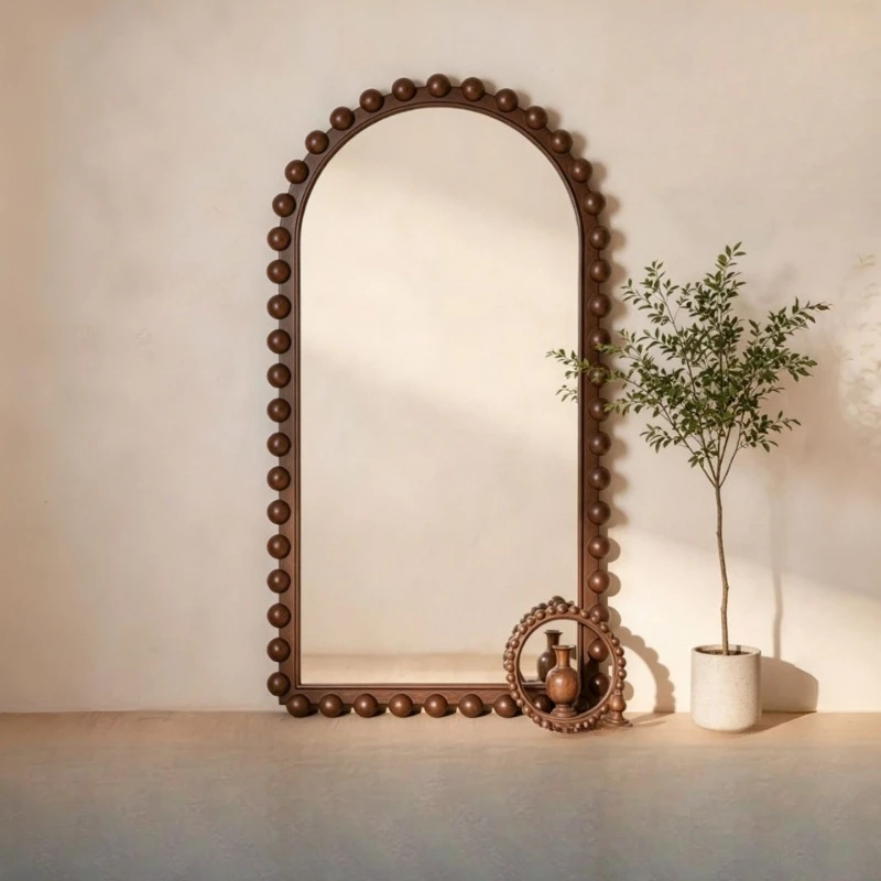 Solid Wood Round Wooden Bead Arched Floor Mirror Full-Length Mirror