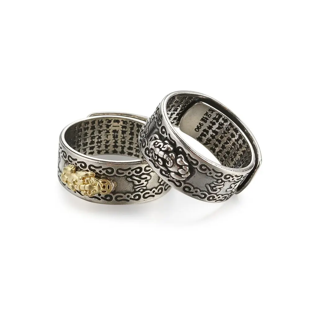 تميمة بوذية الذهب/الفضة Pixiu قابل للتعديل فنغ شوي مجوهرات خواتم محظوظة