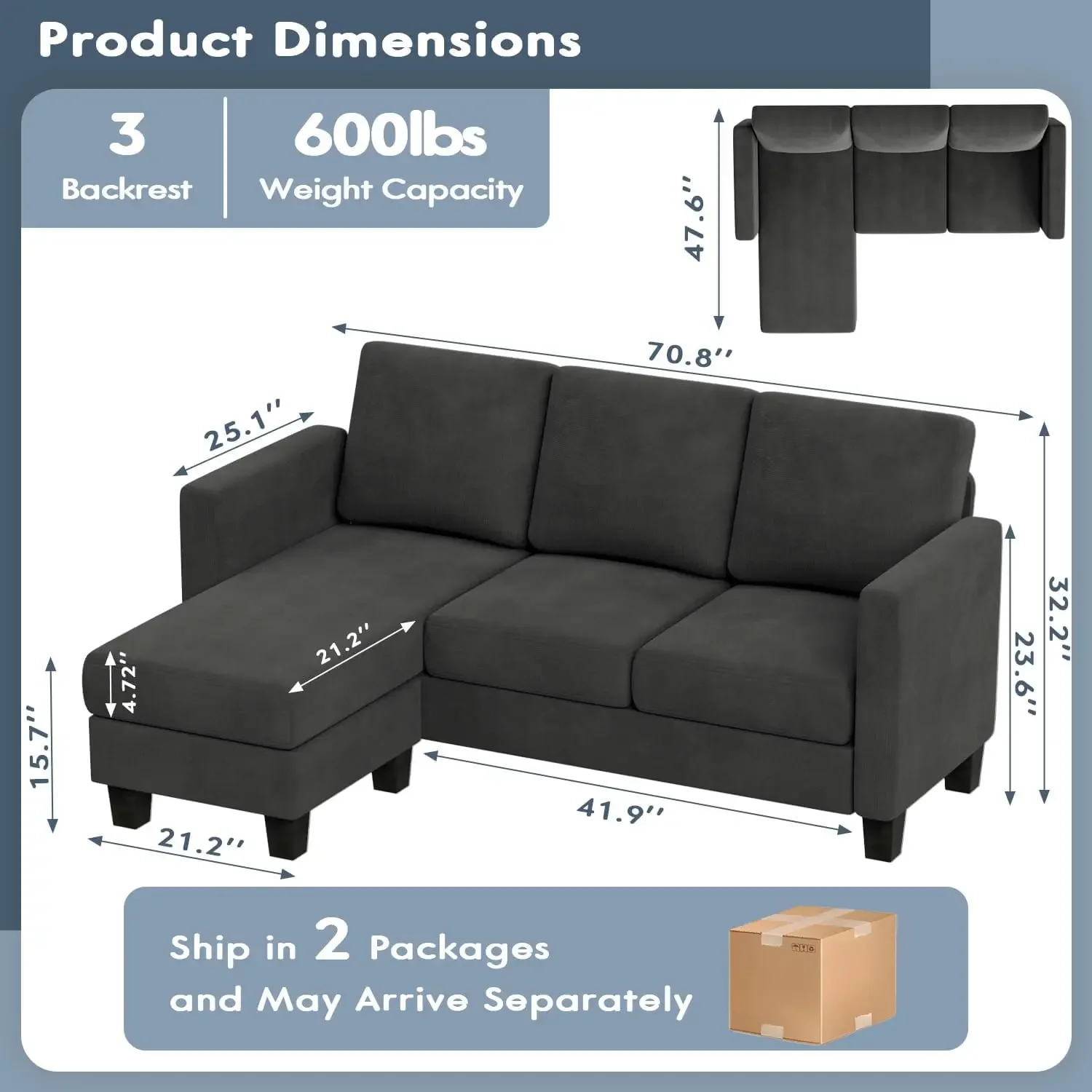 L-Shaped 3 Seat with Linen Fabric and Movable Ottoman, for Small Apartments, Living Room and Office, Dark Gray