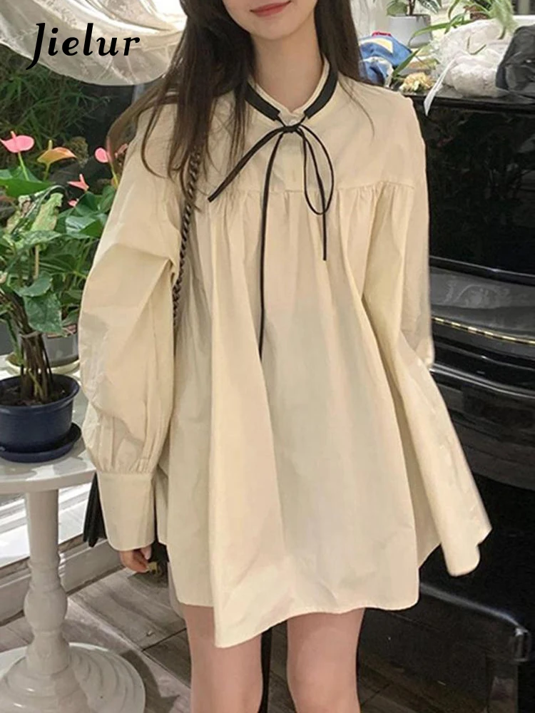 Jielur Solid Color Elegant Lady Dress Long Sleeve Sweet Girls Dresses Spring Summer Simple Mini Dress Casual One Piece Dress Y2k