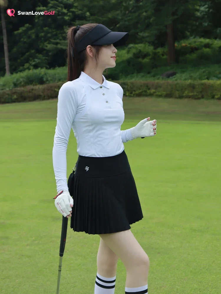 2024 Golf Women's Autumn Winter New Style Lapel Simple Long-sleeved T-shirt Windproof Warm Inner Wear Sports Top Pleated Skirt