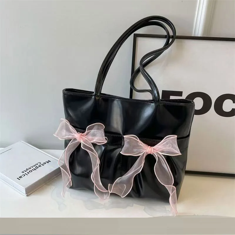 Lazy style sweet bow design college style large capacity handbag for women 2024 new trend fashion single shoulder armpit bag