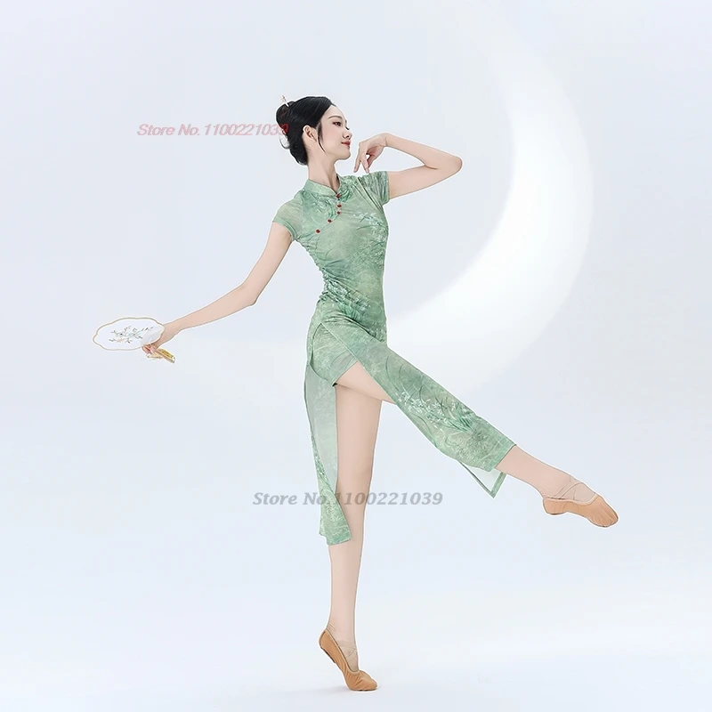 2025 abito da ballo vintage cinese tradizionale stampa floreale cheongsam danza popolare qipao abito da allenamento per performance sul palco
