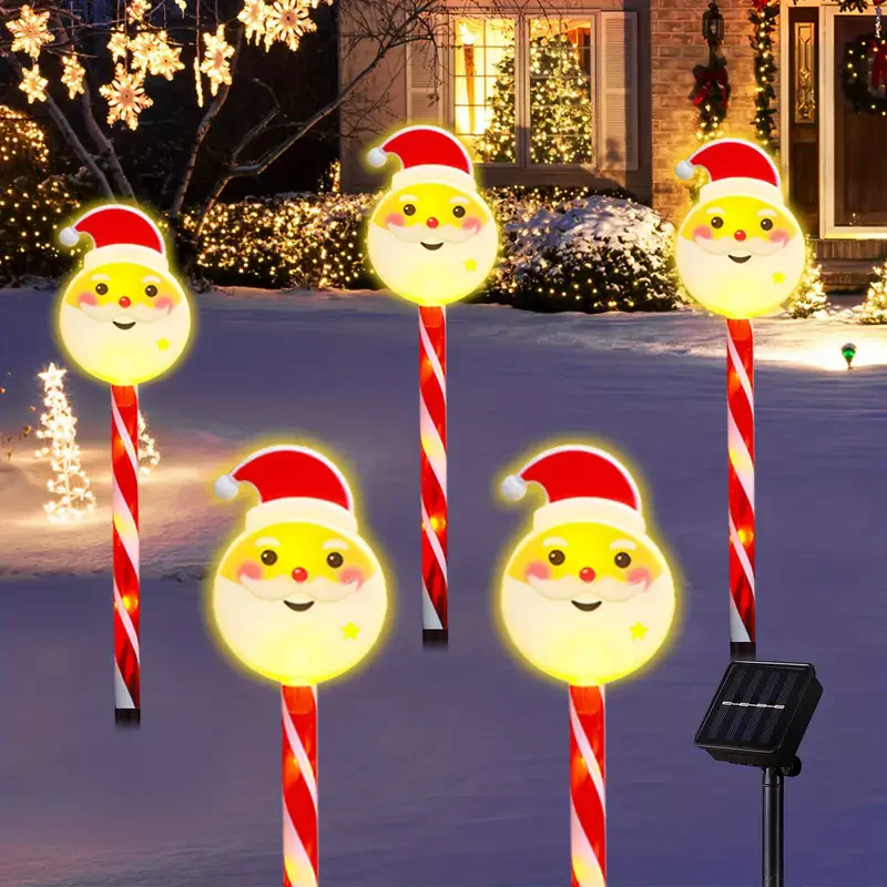 5pcs Christmas Candy Santa Claus Pathway Light Column Solar Light For Patio Garden Lawn Outdoor Christmas Decoration Waterproof
