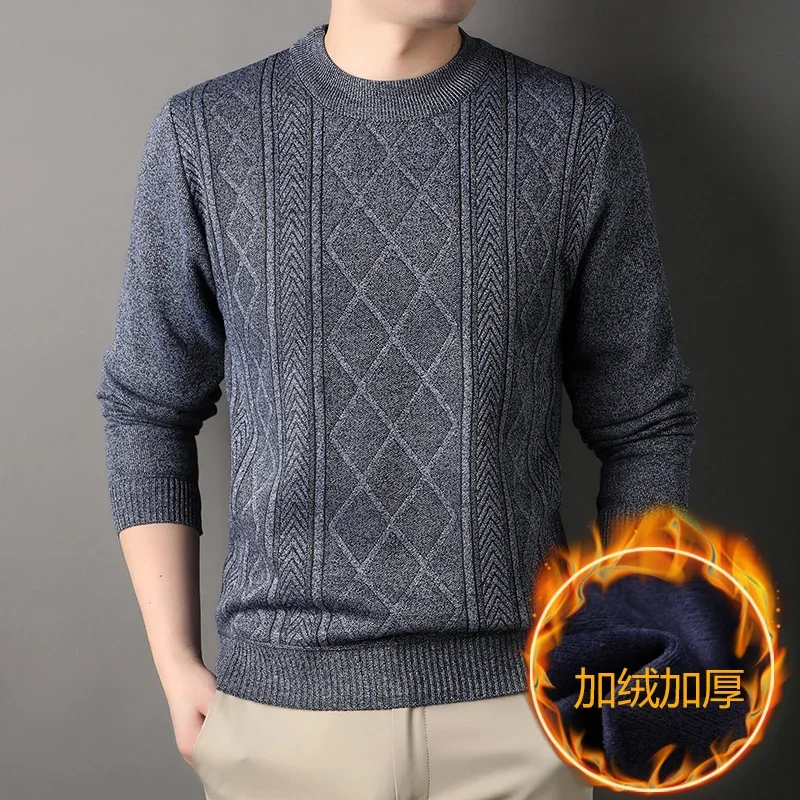 Thick Thermal Crew Neck Men Pullover Vertical Geometric Diamond Design Skin Friendly Fleece Interior Outing Knit Top