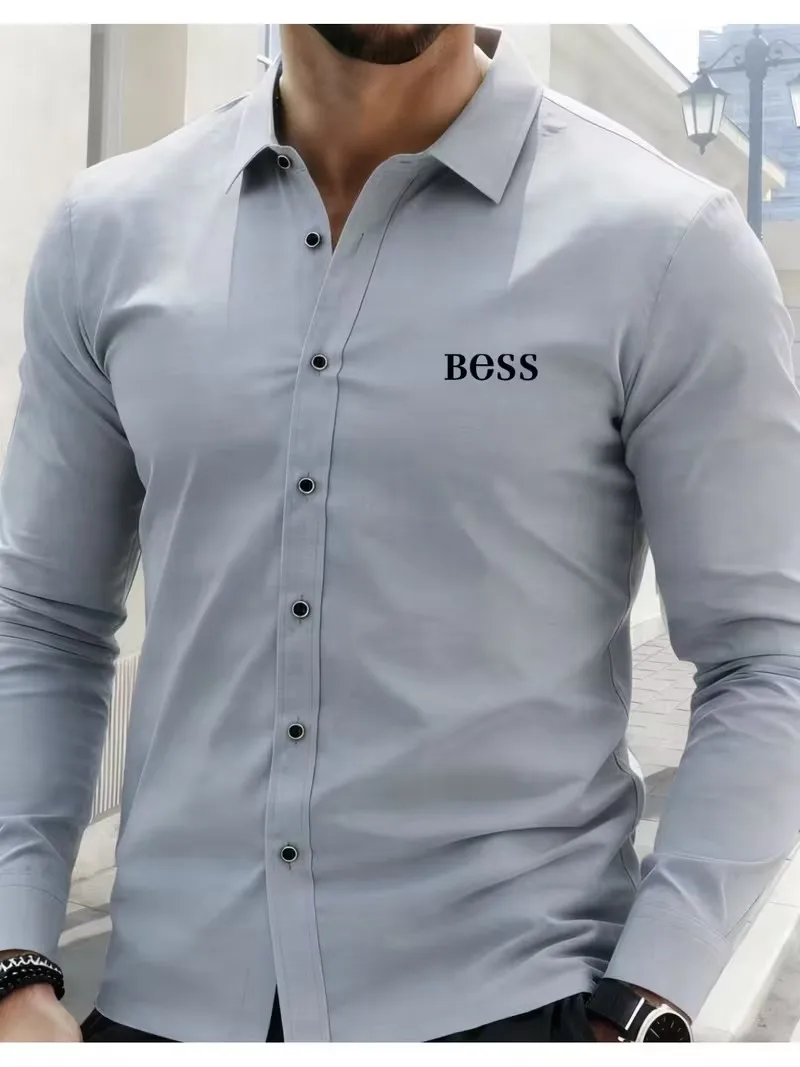 Men's Premium Business Casual Shirt Word Logo Print Slim Fit Long Sleeve Wrinkle Resistant Dress Shirt Multi Styles Available