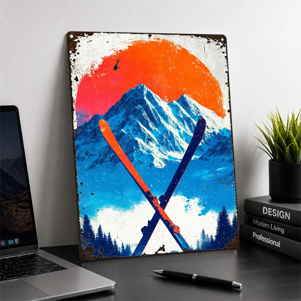Skier Above Mountain Peaks Textured Metal Poster Retro Graphic Wall Art For Home Gym Personalized Aluminum Sign Graduation Gift