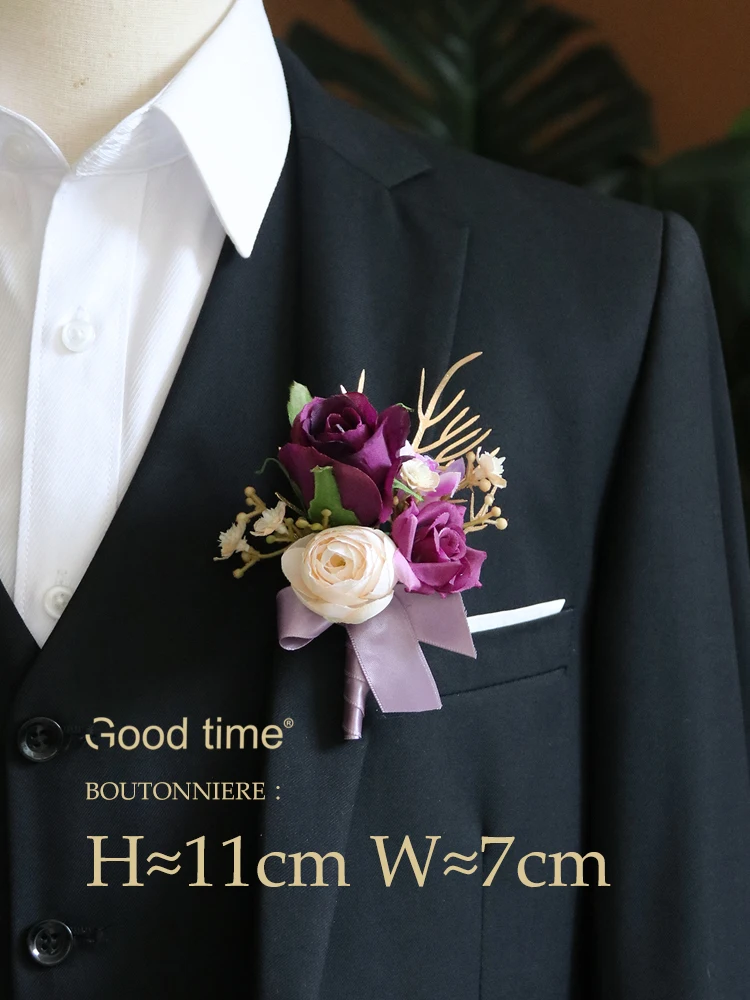 GT Silk Corsages Boutonnieres Wedding Decoration Marriage Rose Wrist Corsage Pin Boutonniere Flowers for Guests Purple