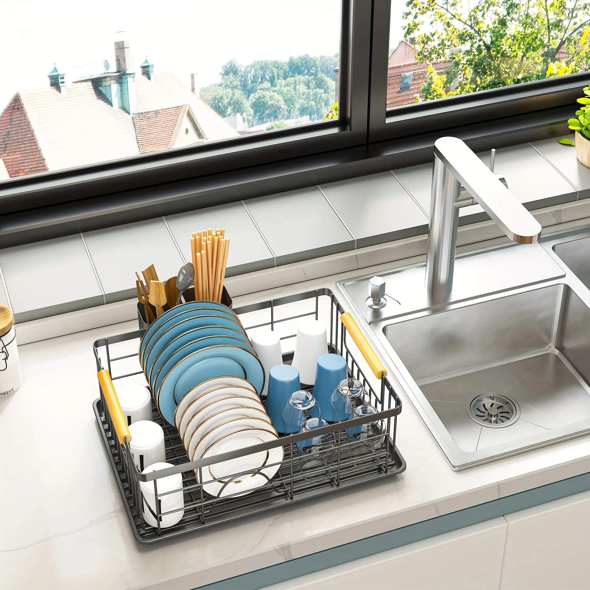 

Стойка для посуды из нержавеющей стали премиум-класса KIXOT-Легкая сушка с дренажным лотком, большой емкости, стойкая к коррозии,