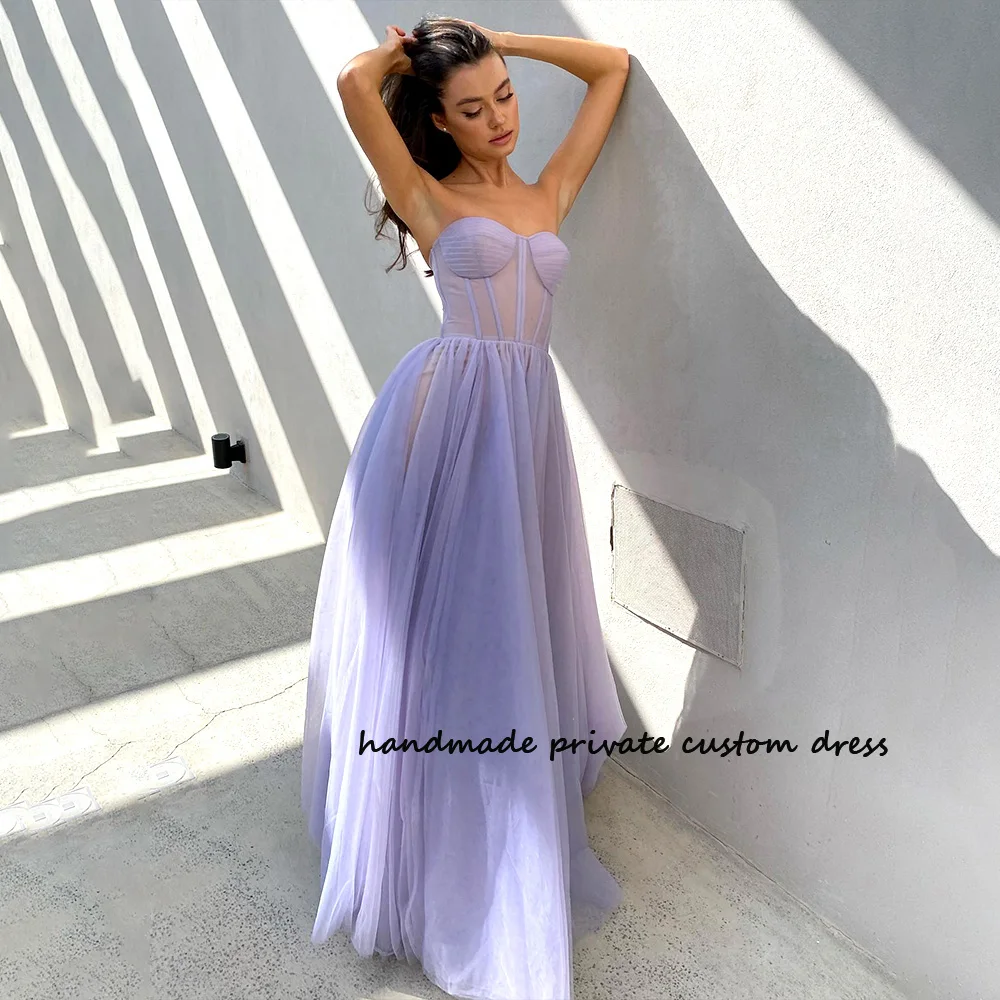 

Lavender Tulle Sweetheart Prom Party Dresses Corset Sleeveless Homecoming Dress Back Lace Up Elegant Evening Prom Gowns