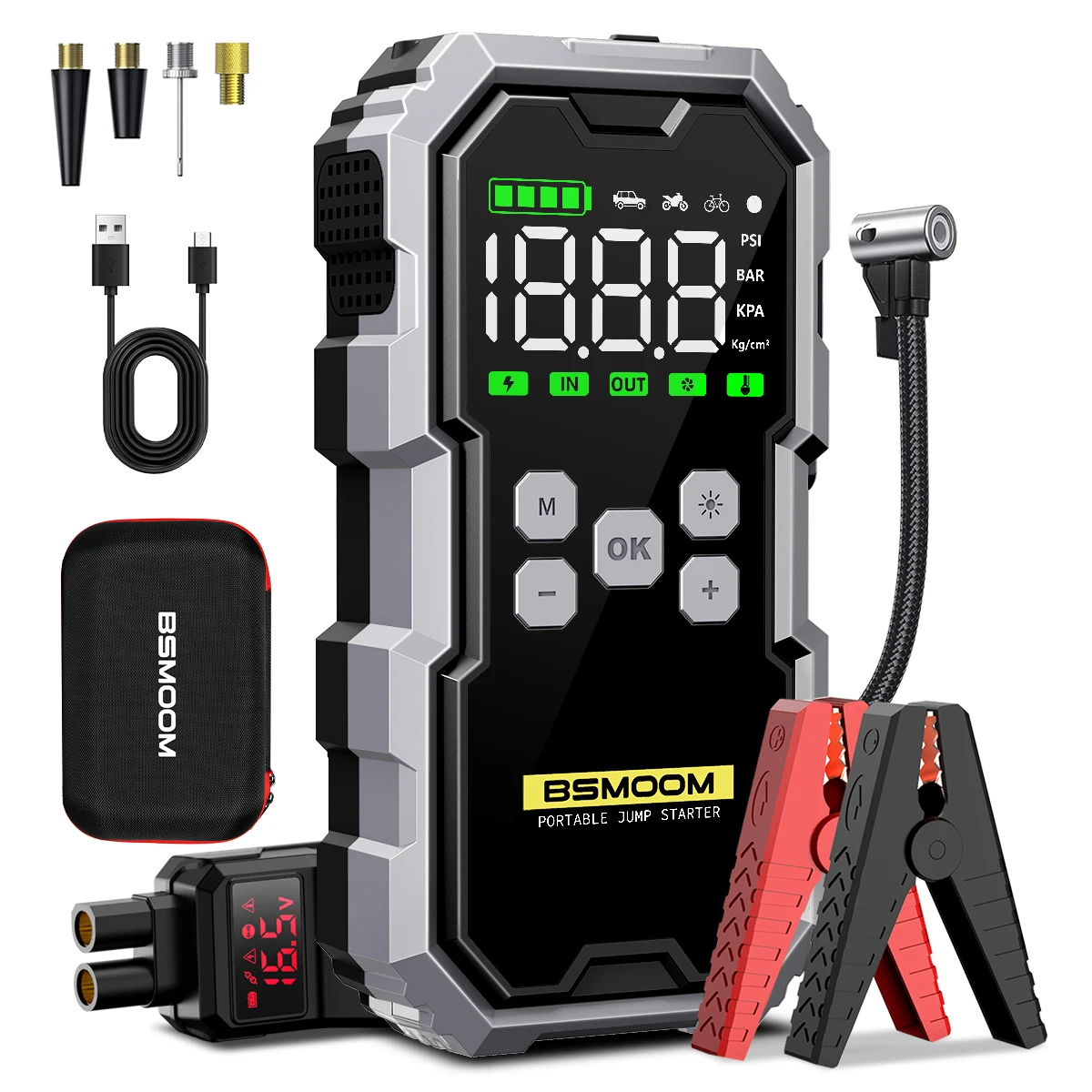 Rozruchowywacz samochodowy z kompresorem powietrza, ekranem LCD, przenośna ładowarka booster 21800mAh, mocne urządzenie do rozruchu akumulatora samochodowego 6000A, ładowarka do akumulatora samochodowego 12V (dla wszystkich silników benzynowych/10L diesla), szybkie uruchamianie samochodu, wejście/wyjście USB, dioda LED, akcesoria samochodowe, narzędzia.
