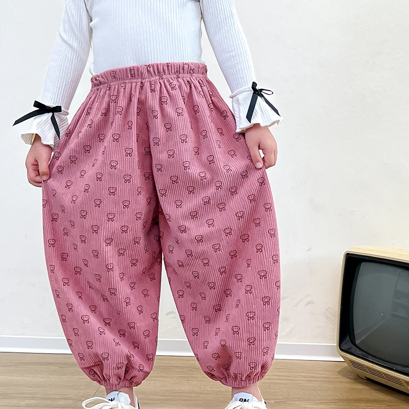 Korean Children's Clothes 2025 Corduroy Pants Floral Cartoon Print Boys Girls 1-8Y Loose Harlan Autumn Casual Sweatpants