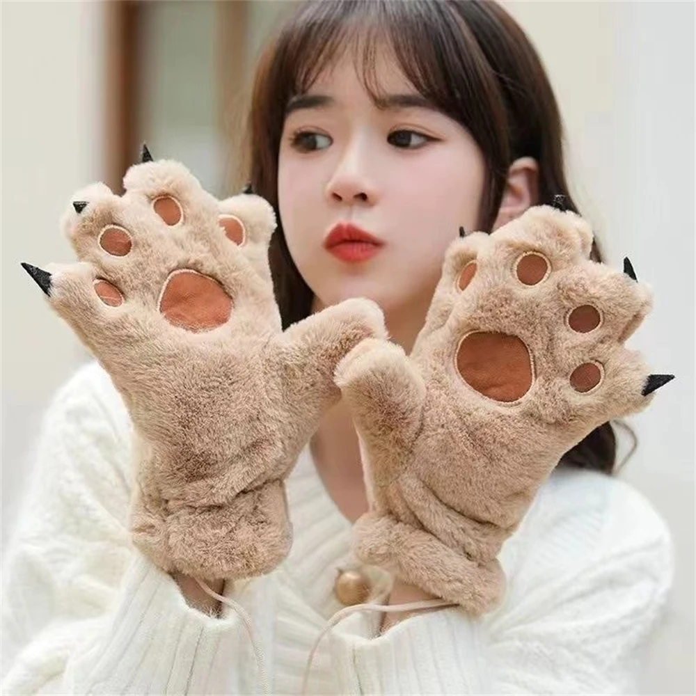 

Cute Cat Paw Women Gloves Animals Plush Mittens Outdoor Winter Warm Fluffy Lovely Soft Full Finger Gloves Bear Palm Paw Gift