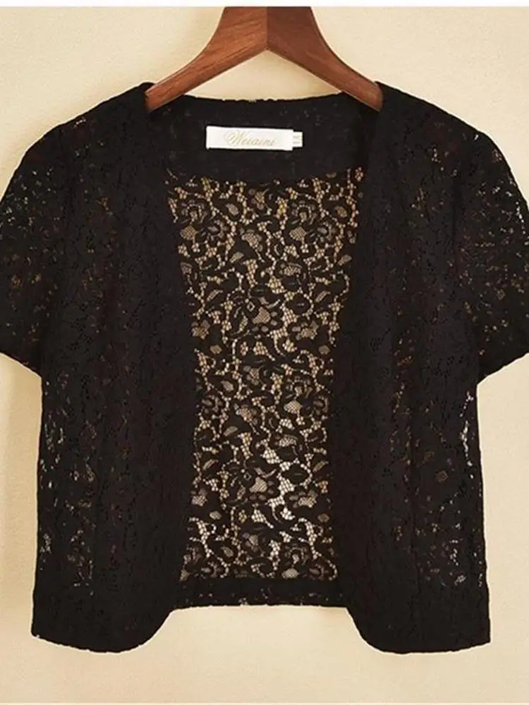 سترة نسائية مفتوحة من الدانتيل مع وسادة كتف رفيعة ملابس خارجية للصيف والربيع مع حزام فستان كاجوال أنيق