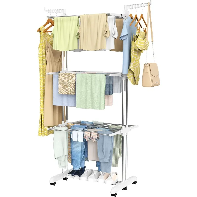 Clothes Drying Rack, 4-Tier Folding Laundry Drying Rack with 2 Adjustable Side Wings, Stainless Steel Free-Standing Laundry