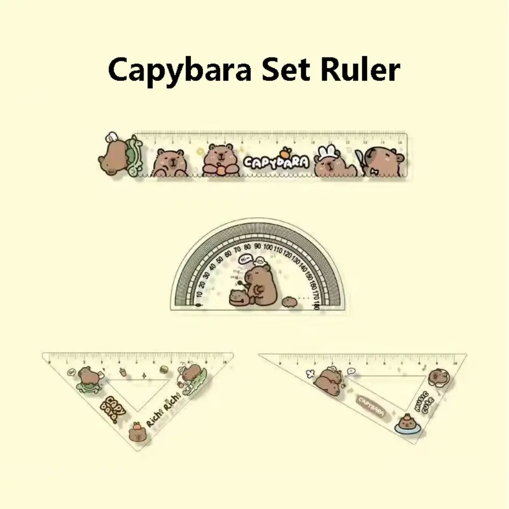 1 Set Cute Capybara Metric Ruler Plastic Straightedge Measuring Too Protractor Triangle Ruler Cartoon Stationery Student