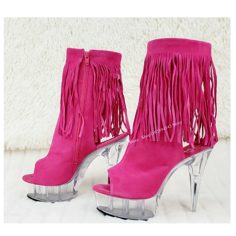 

Rose Red Tassels Clear Heel Boots Thin High Heel Peep Toe Fashion Sexy 2023 Summer Casual Big Size Woman Shoes Zapatillas Mujer