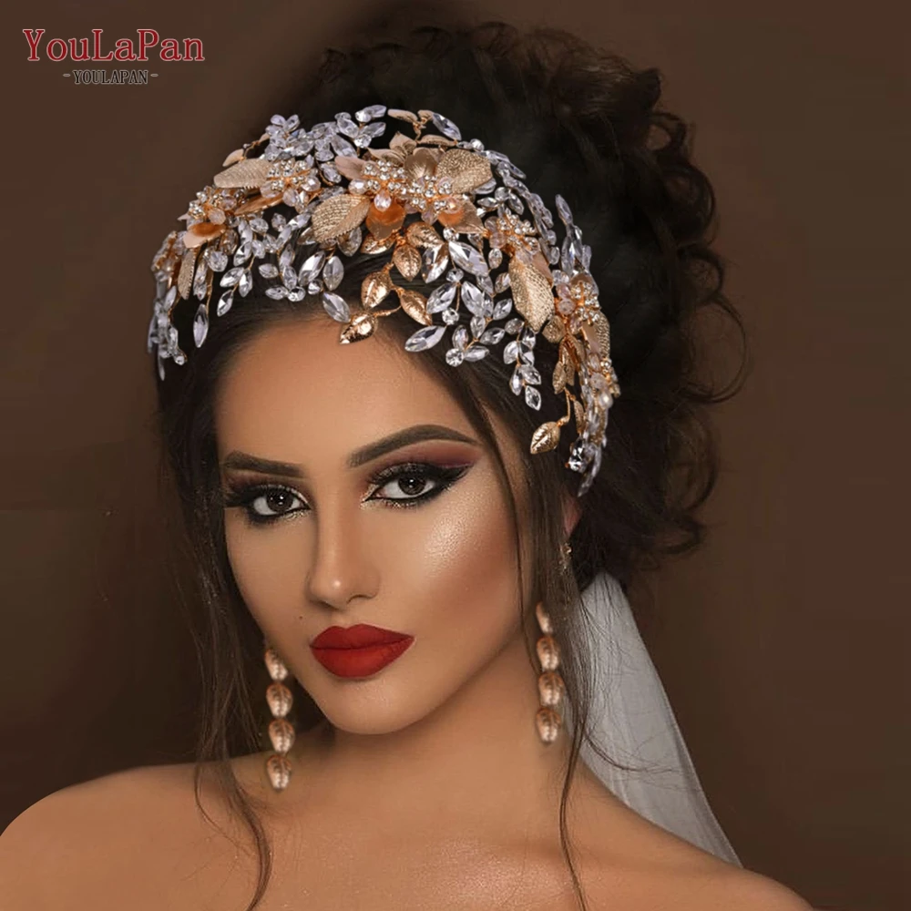 

YouLaPan Luxury Alloy Leaf Wedding Headband Bride Headpieces Rhinestone Head Jewelry Accessories Alloy Flower Headdress HP391