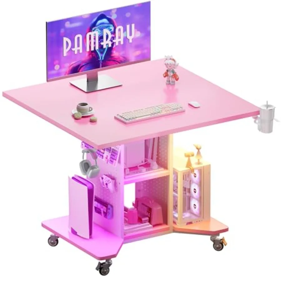 

Маленький передвижной игровой стол с LED-подсветкой, розетками и перфорированной панелью для хранения, компактный компьютерный стол для небольших помещений, розовый