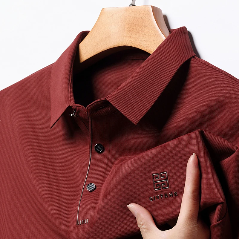 Spring and Autumn New Men\'s Long Sleeve Polo Shirt Business Casual Slim Fit Stretch Top Fashion Lapel Printed Solid Color Top