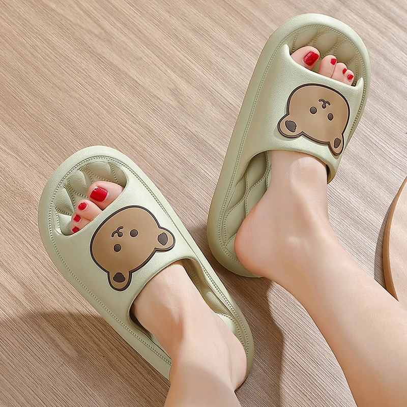 Women Summer Home Slippers Cute Cartoon Bear Thick soft Sole  Anti-slip Diamond Check Massage Sensation Men Slides Couple Shoes