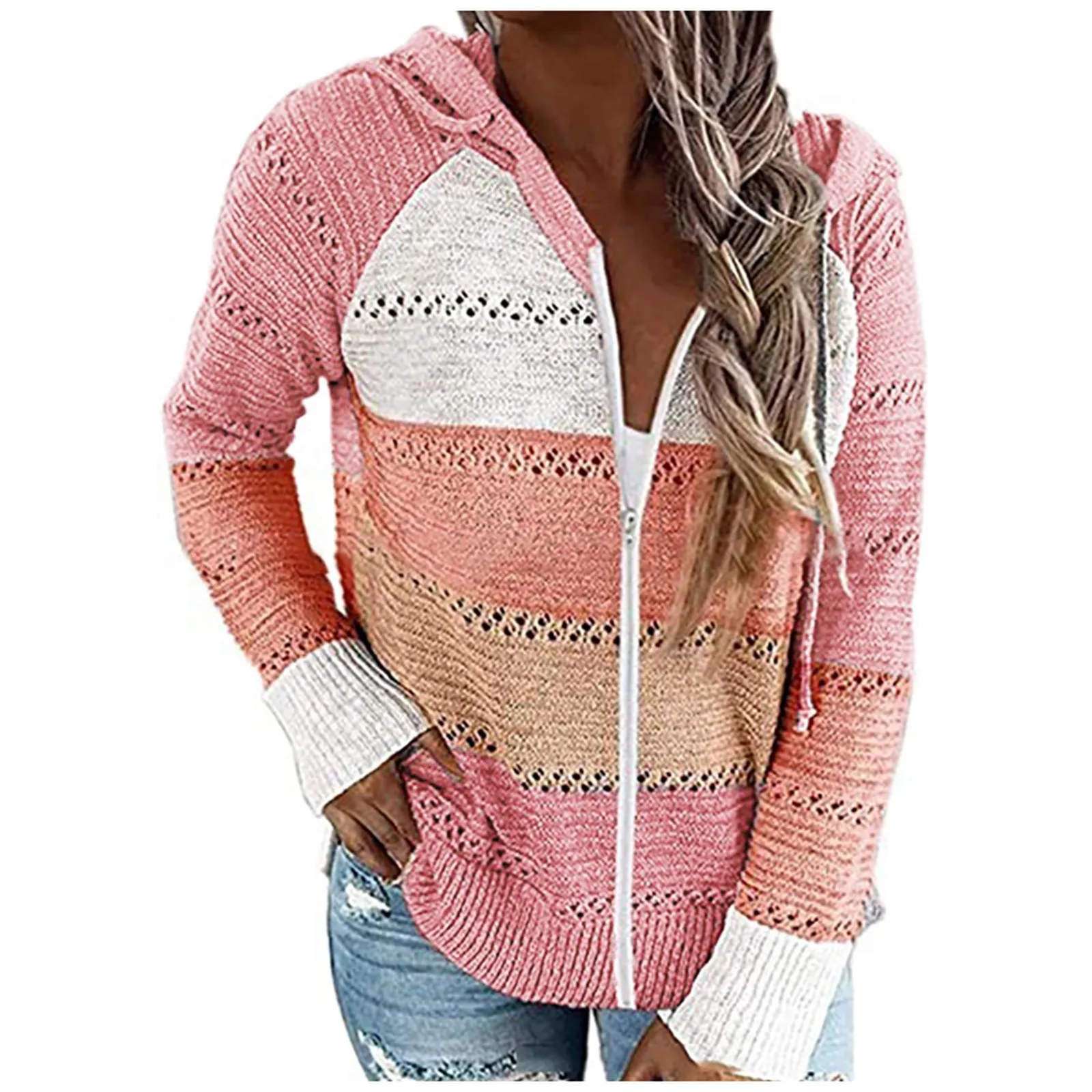 Autumn Women Casual Loose Hooded Zipper Tops Lady V Neck Knit Long Sleeve Sweater Patchwork Elegant Striped Patchwork Cardigans