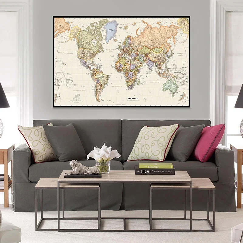 O mapa mundi retrô 60*40cm com detalhes, pintura em tela, arte de parede, pôster decorativo, imagem suspensa, material escolar, decoração de casa